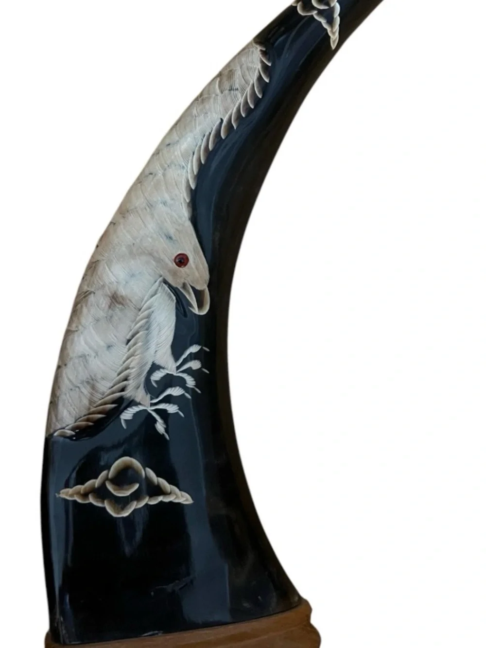 Hand-Painted Black Decorative Horn with White Crane Motif